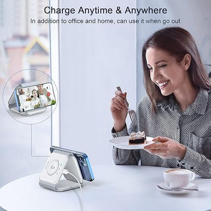 3 in 1 Magnetic Foldable MagSafe Compatible Wireless Charger | Ultra-Fast Travel Charging Station Pad Dock for Apple Watch iPhone 16 15 14 13 12 Pro Max Plus & Airpod