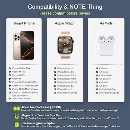3 in 1 Magnetic Foldable MagSafe Compatible Wireless Charger | Ultra-Fast Travel Charging Station Pad Dock for Apple Watch iPhone 16 15 14 13 12 Pro Max Plus & Airpod