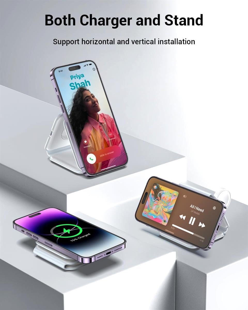 3 in 1 Magnetic Foldable MagSafe Compatible Wireless Charger | Ultra-Fast Travel Charging Station Pad Dock for Apple Watch iPhone 16 15 14 13 12 Pro Max Plus & Airpod